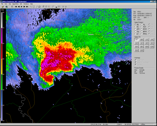 Base reflectivity image as storm crossed Wayne county