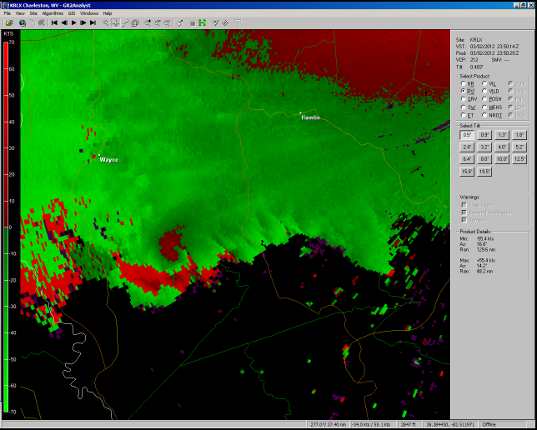 Radar base velocity as storm crossed Wayne county.