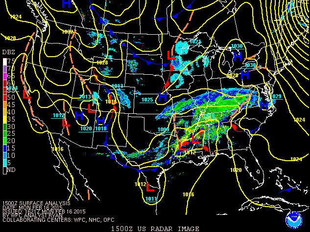 Radar and surface analysis at 11am, The high pressure cented along the Mid-Atlantic Coast was unusually