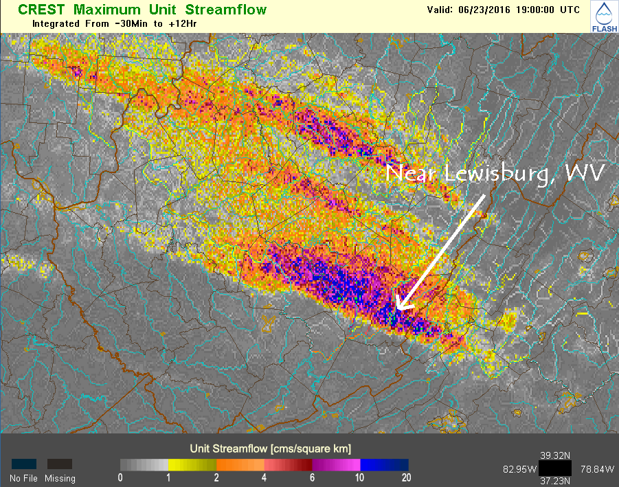 Experimental product showing modeled runoff compared to base level flow as derived from analyzed rainfall; orange colors suggest the start of flooding and purple and blue suggest major to historic flooding. Image centered on Greenbrier County