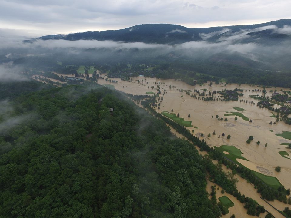 Aerial view of Greenbrier Golf Course flooded