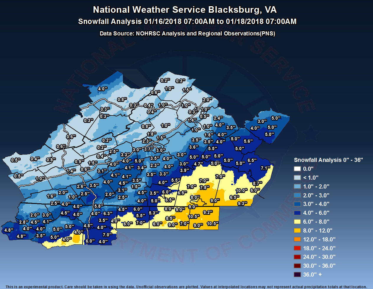 Snowfall Analysis Jan 16th, 2017 - Jan 18th, 2017
