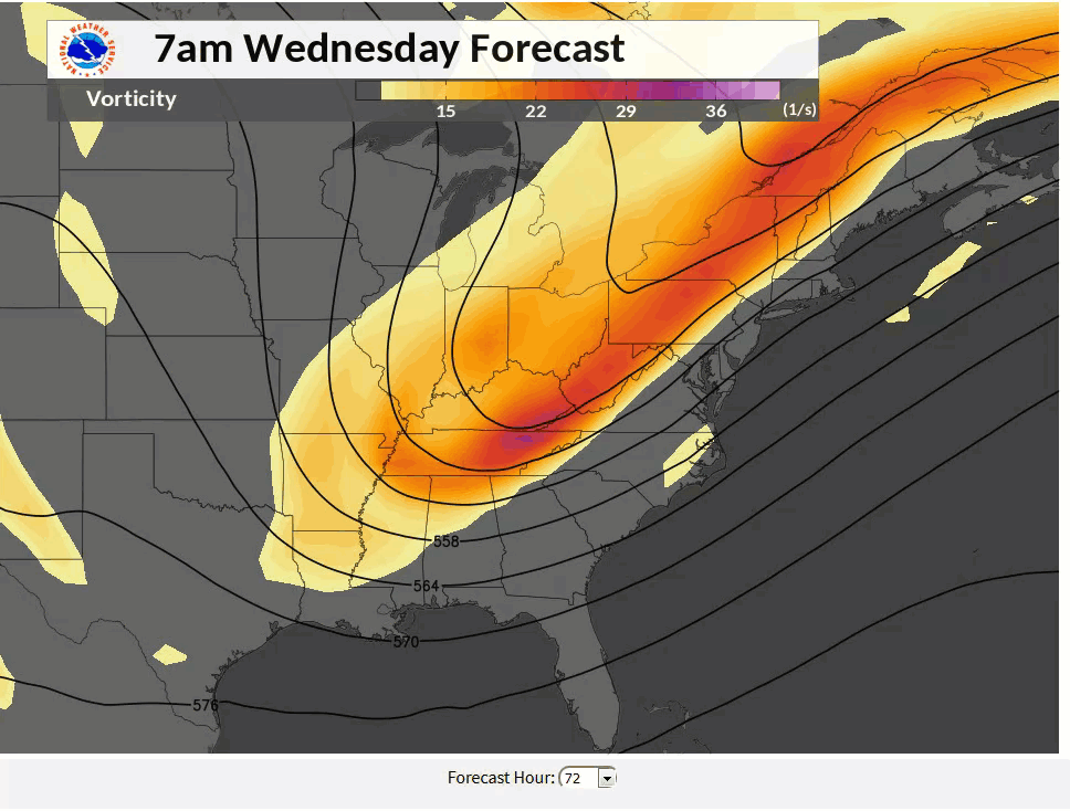 GFS model forecast change from 72 hours away to 12 hours away of the 500 millbar level.