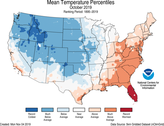 Mean Temperature Rankings Oct 2019