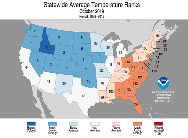 Statewide Average Temperature Ranks Oct 2019