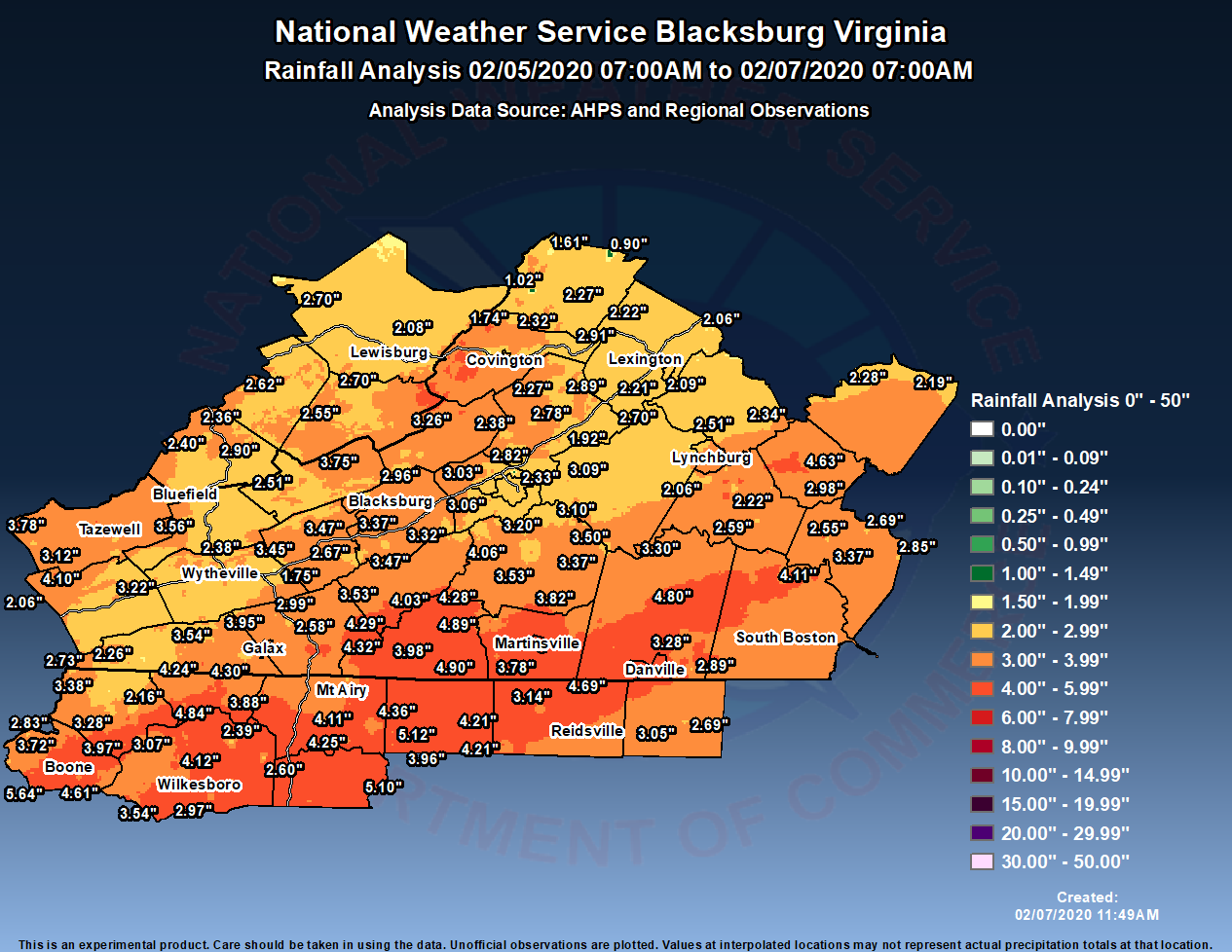 Rainfall amounts from Feb 5-7, 2020