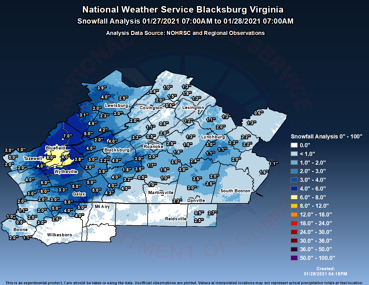 Snowfall Analysis from Jan 27-28 2021 storm