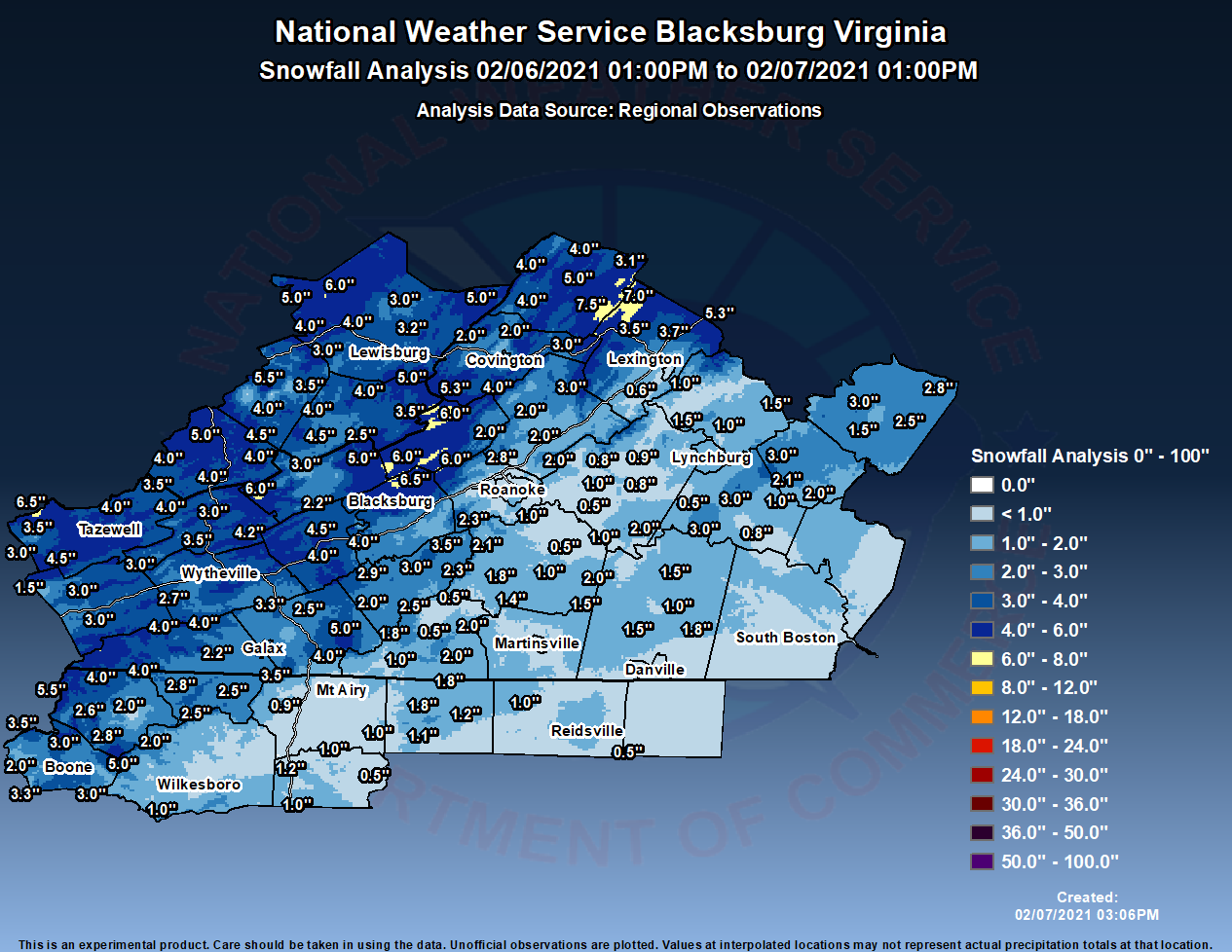 Snowfall analysis from Feb 6th and 7th, 2021