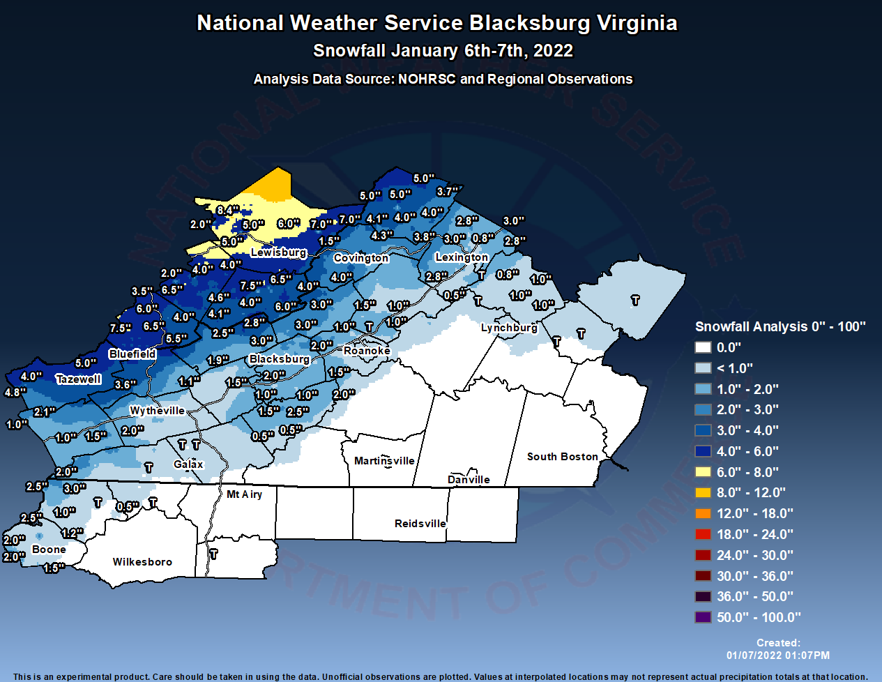 Snowfall Totals Jan 6th-7th, 2022
