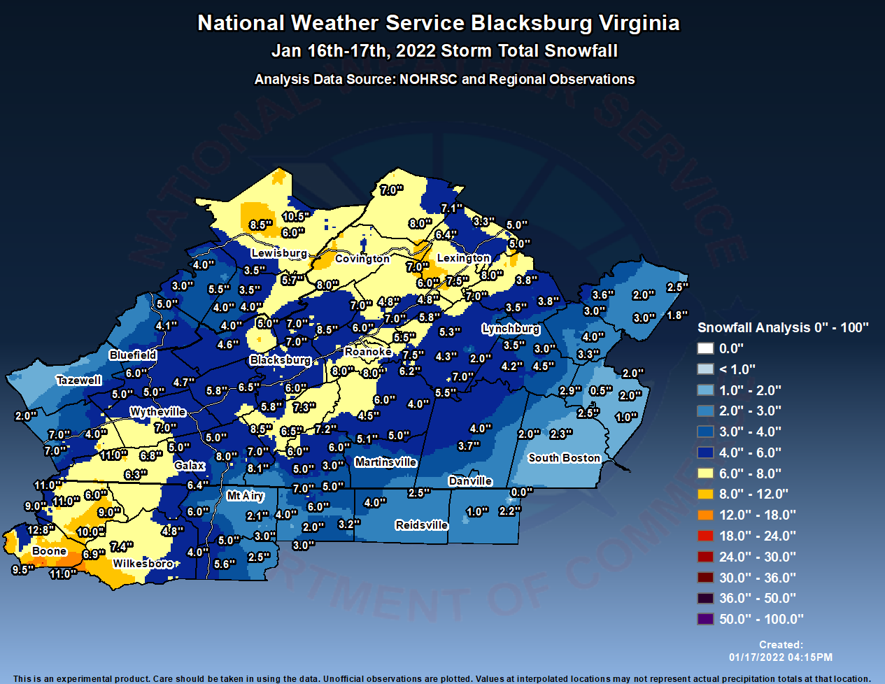 Snowfall Analysis Jan 16th-17th 2022