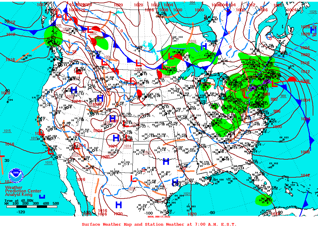 7am Monday Jan 17th, 2022 surface map