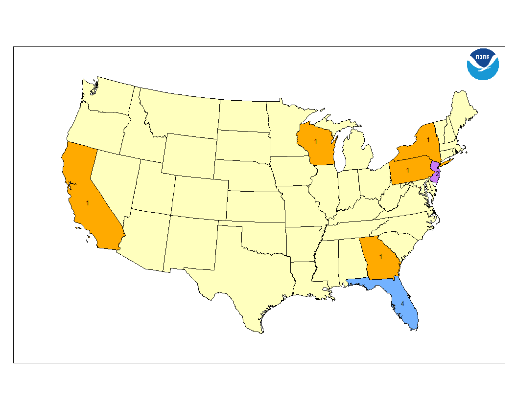 Map showing lightning deaths by state for current year