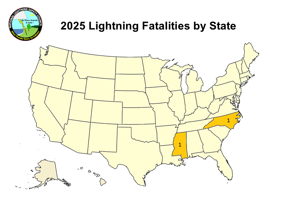 Map showing lightning deaths by state for current year