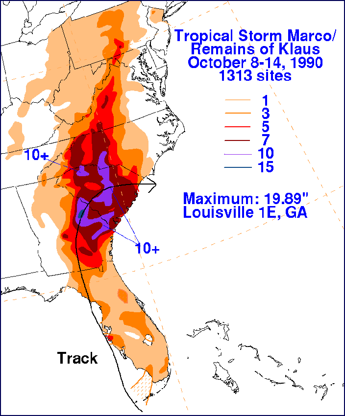 Rainfall Total Map for Tropical Storm Marco & the remnants of Klaus from October 8th-14th, 1990