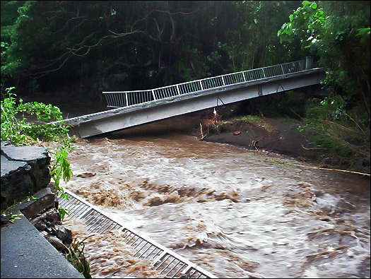Destroyed footbridge in the mid-valley residential area of Manoa