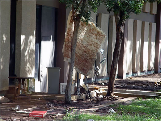 Flood debris outside of Hamilton Library on the University of Hawaii at Manoa campus 