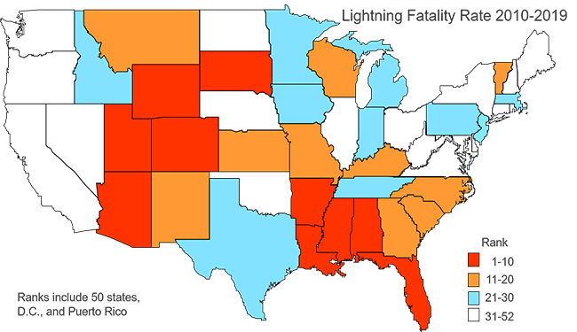 lightning Fatalities by State 2010-2019