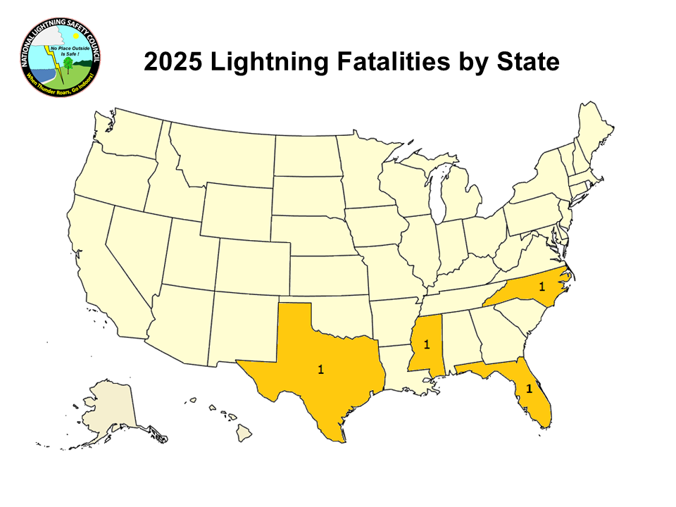 Map showing lightning deaths by state for current year
