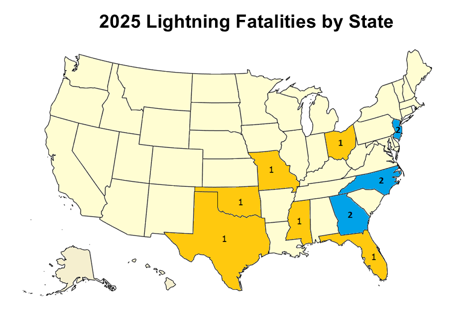 Map showing lightning deaths by state for current year