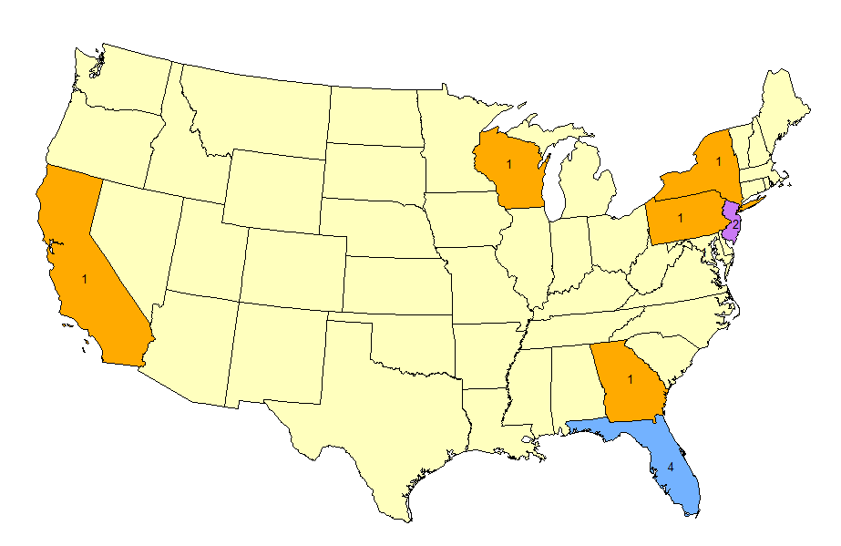 Map showing lightning deaths by state for current year
