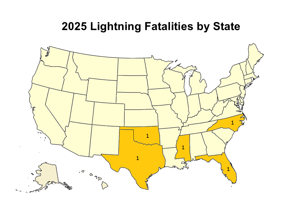 Map showing lightning deaths by state for current year