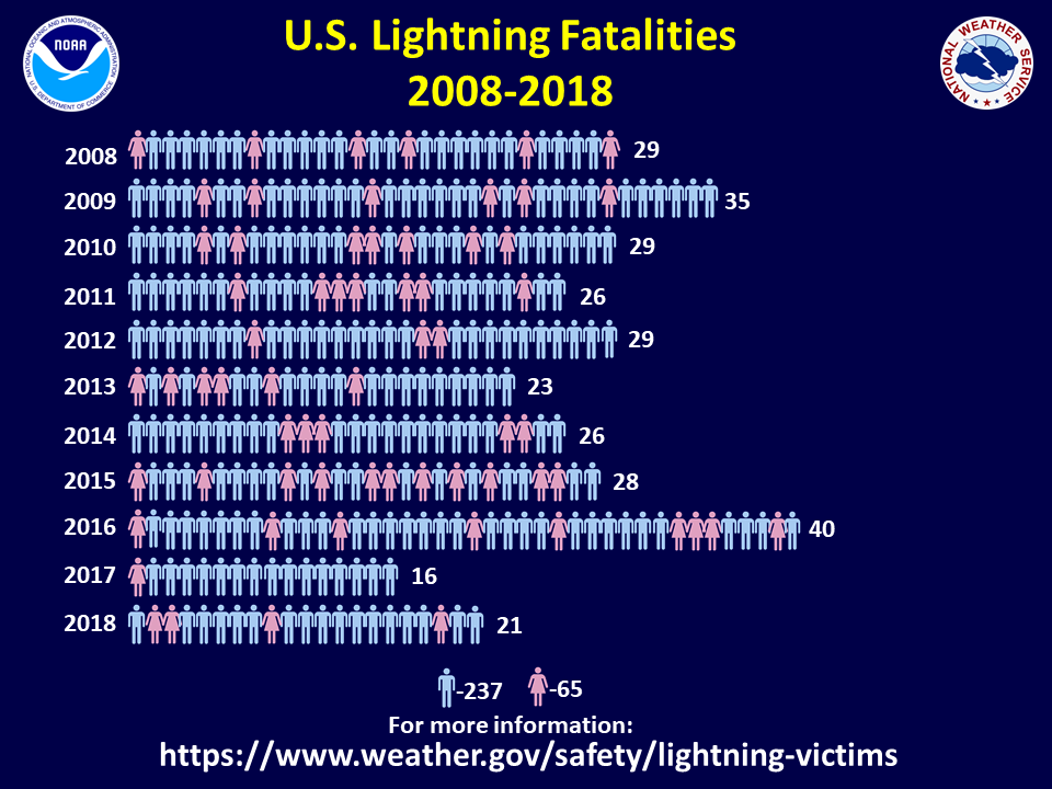 Chart showing male vs female lightning deaths through 2008, text equivalent available