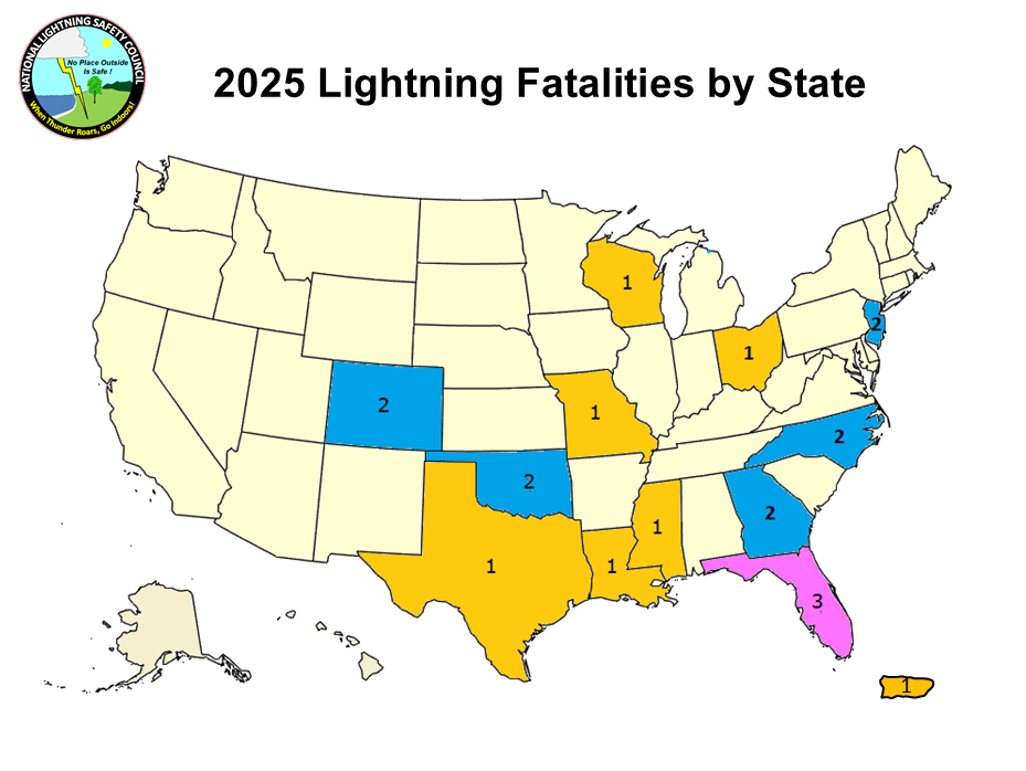 Map showing lightning deaths by state for current year
