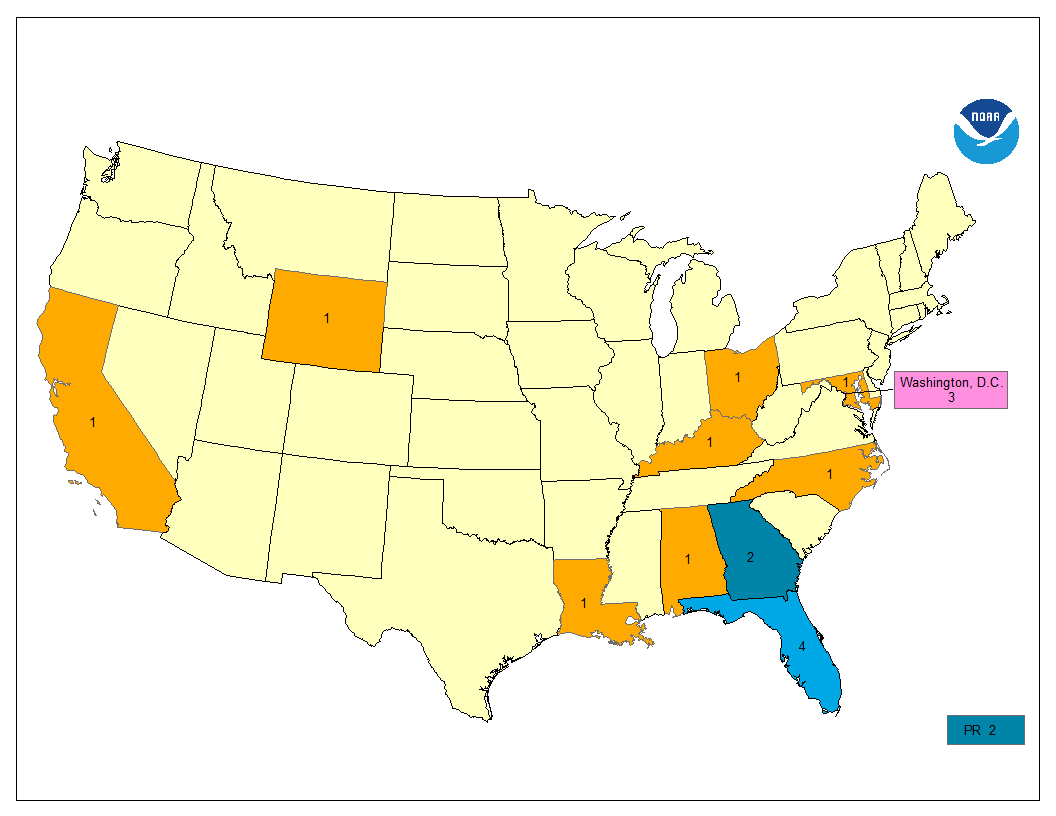 Map showing lightning deaths by state for current year