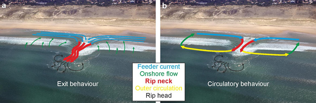 rip current extrance and exit behavior diagram, see caption below