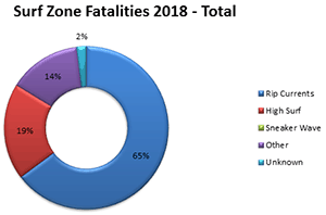 surf zone fatalities by type: 65% rip currents, 19% High surf, 14% other, 2, unknown