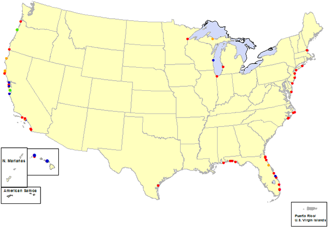 map showing rip current fatalities in 2016. See list below for equivalent information.