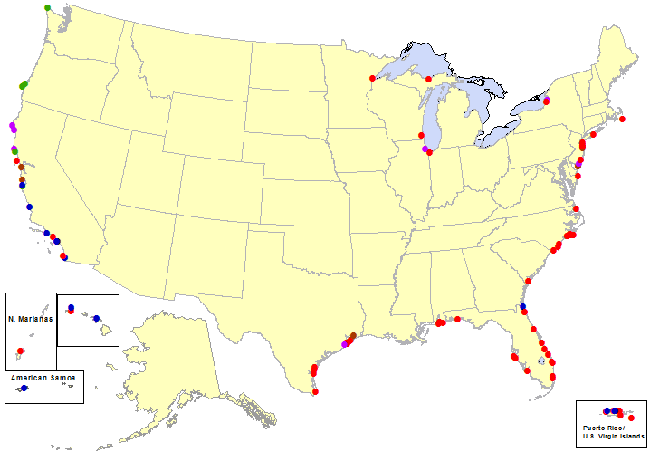 map showing rip current fatalities in 2017. See list below for equivalent information.