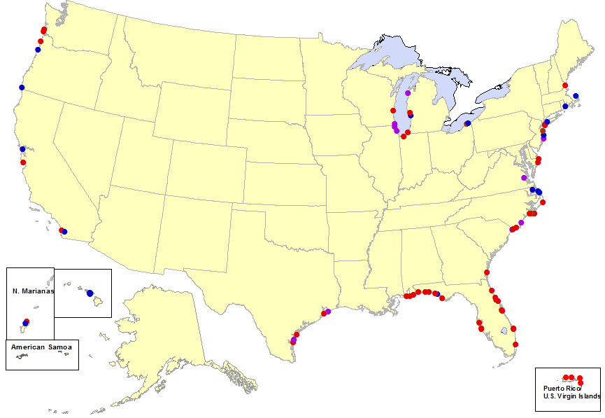 map showing rip current fatalities in 2018. See list below for equivalent information.