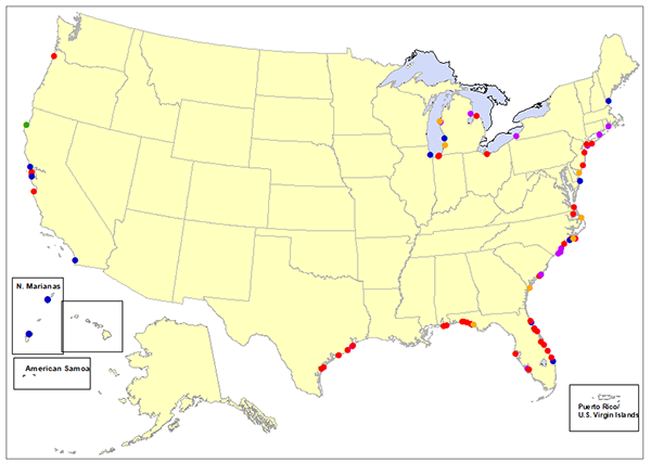 map showing rip current fatalities in 2019. See list below for equivalent information.