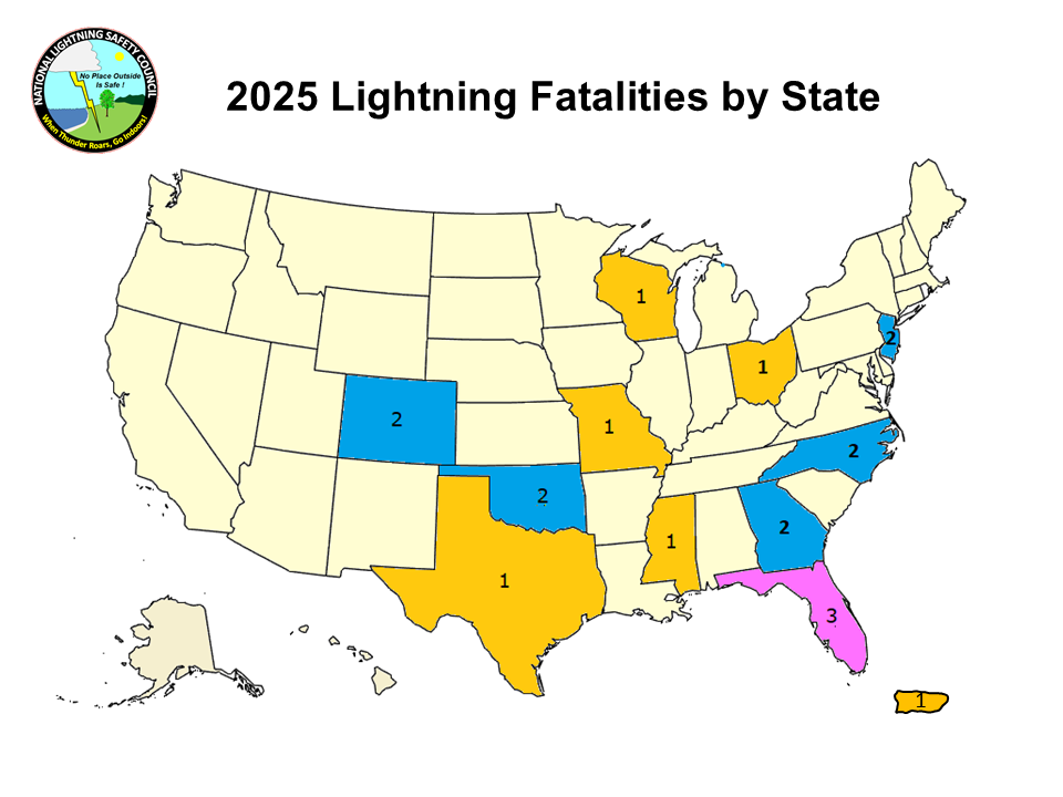 Map showing lightning deaths by state for current year