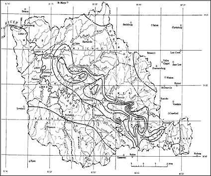 Isohyetal map of Little Kanawha River Basin (Source: USGS WSP 1134A)
