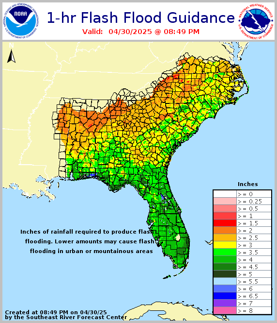 1 hour flash flood guidance for the Southeast U.S.