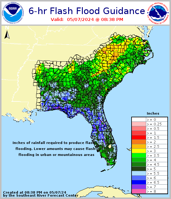 24-hour flash flood guidance for the southeast U.S.