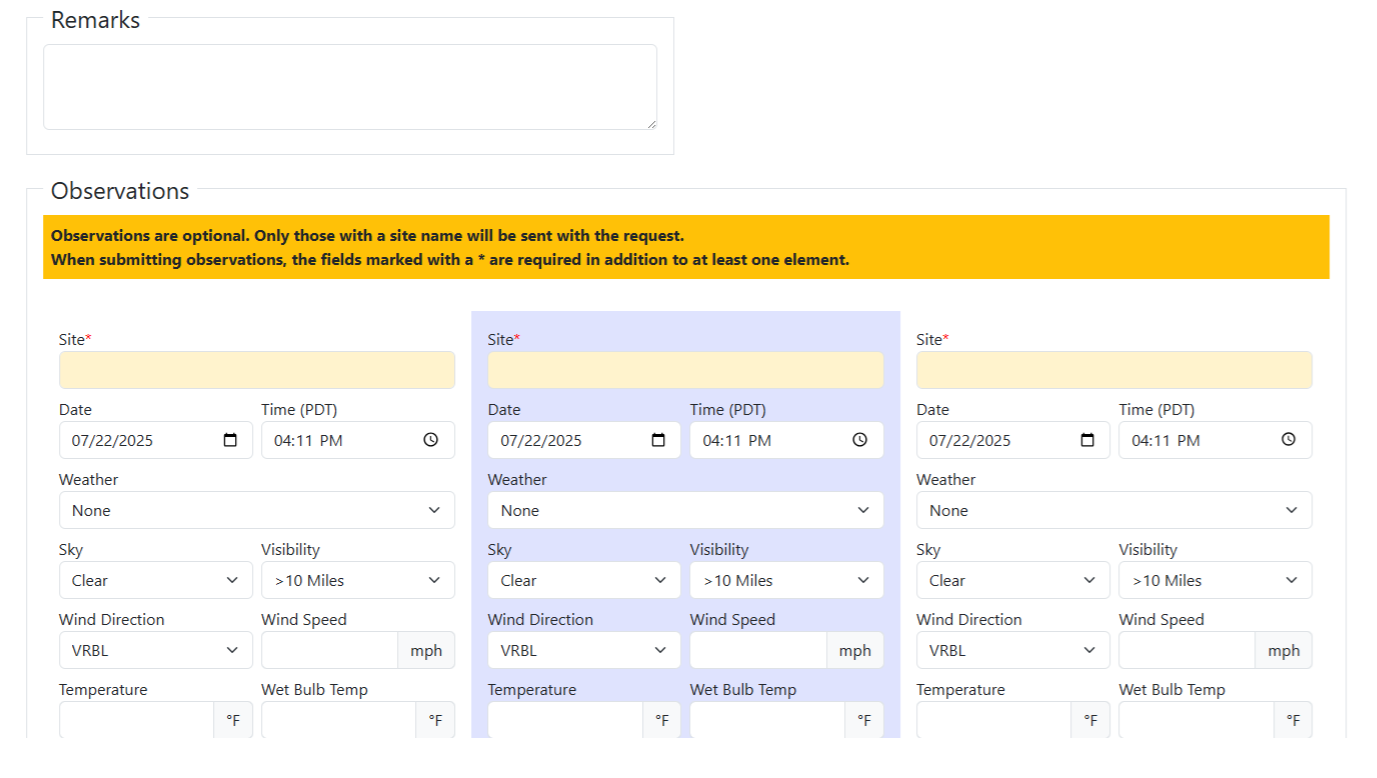 Depicted are the Remarks box, where requesters can add details for any special needs or thresholds they want to see addressed by the forecast, and the Observations section, where field observations can be documented in order to help forecasters get a better feel for what weather is occurring at this specific location.