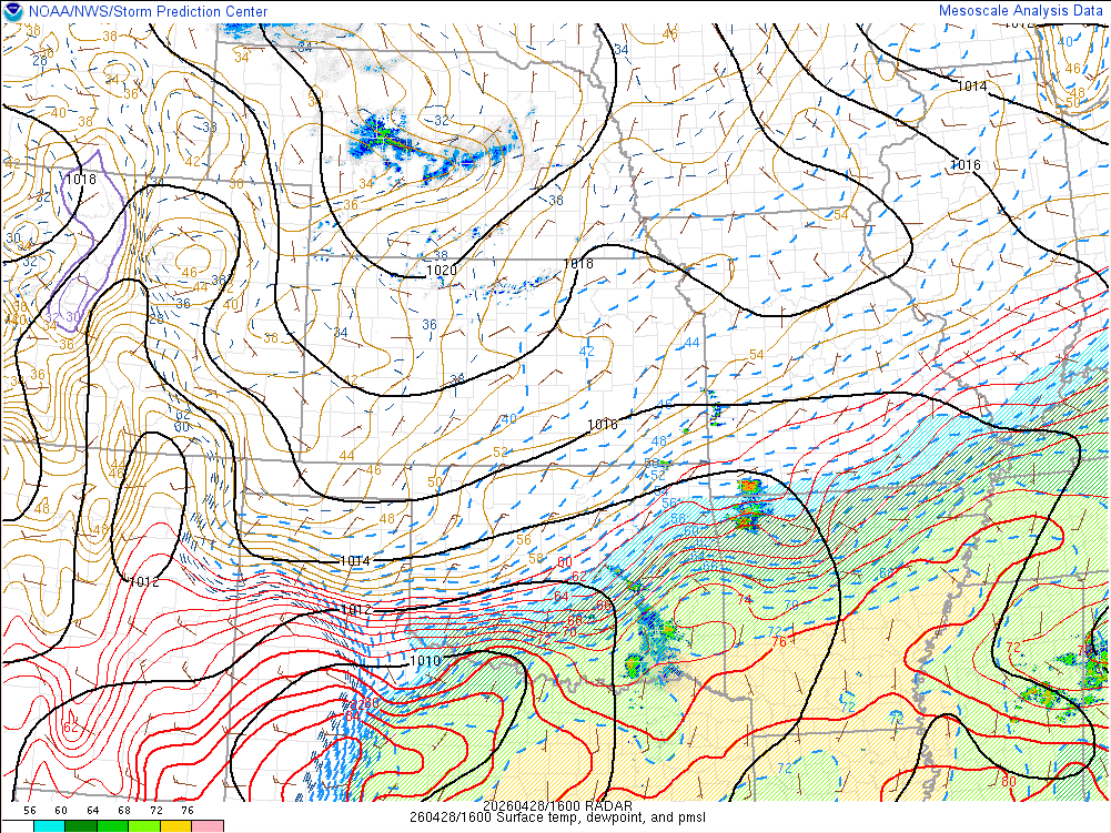 Surface map showing pressure, temperature, dewpoint, and winds.