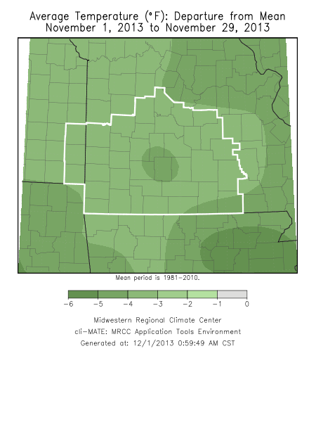 November 2013 Average Temperature Departure from Normal