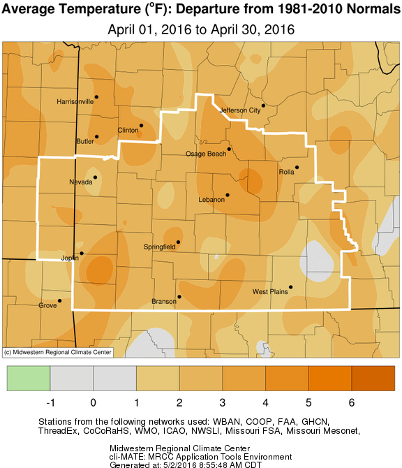 April 2016 Average Temperature Departure from Normal