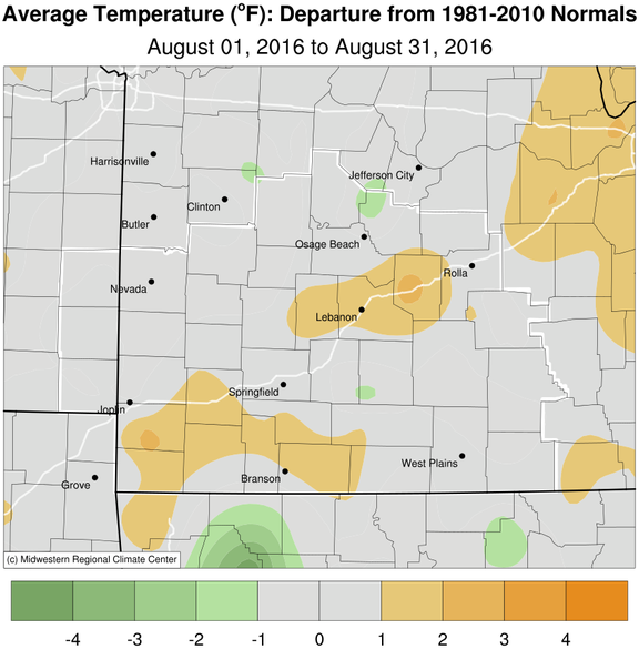 August 2016 Average Temperature Departure from Normal