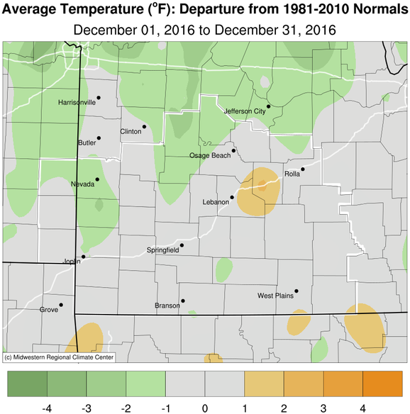 December 2016 Average Temperature Departure from Normal