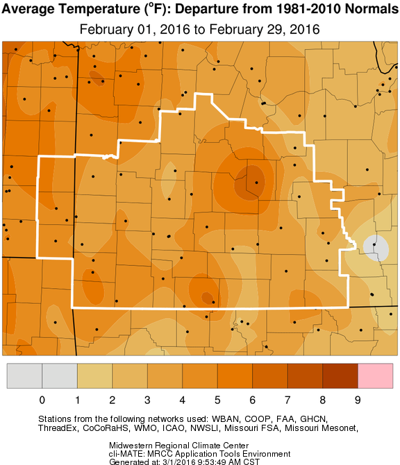 February 2016 Average Temperature Departure from Normal