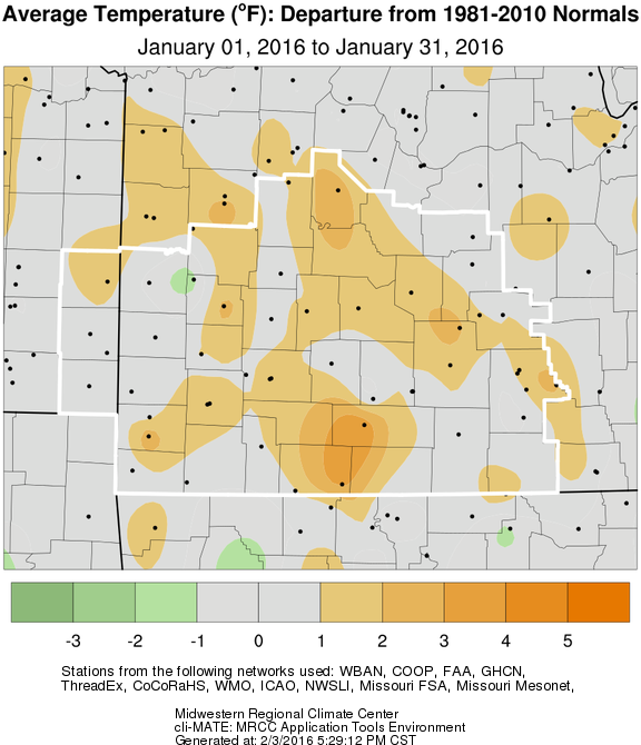 January 2016 Average Temperature Departure from Normal
