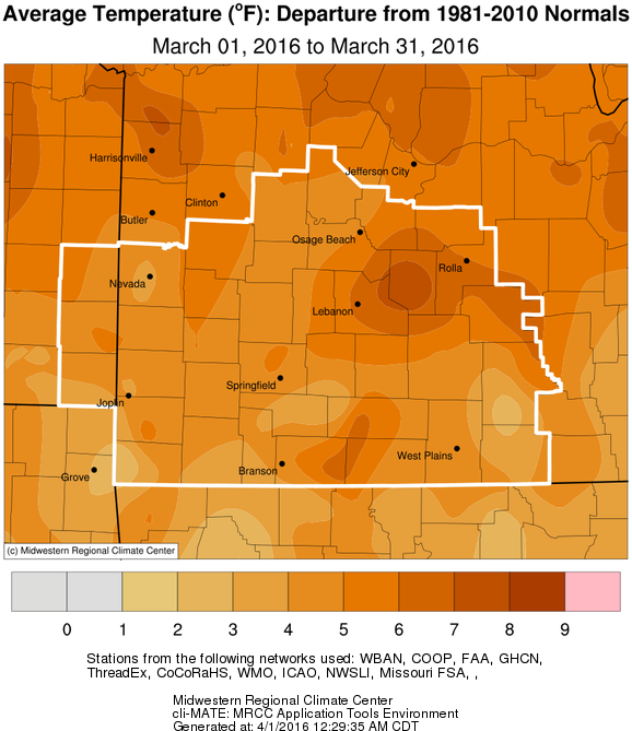 March 2016 Average Temperature Departure from Normal