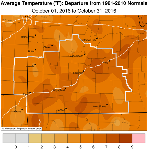 October 2016 Average Temperature Departure from Normal