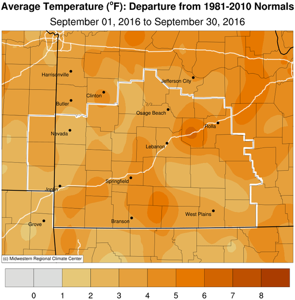 September 2016 Average Temperature Departure from Normal