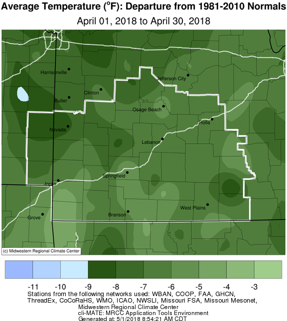 April 2018 Average Temperature Departure from Normal